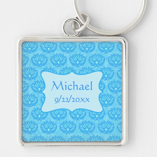 Blue Damask Baby Boy Name Persoonlijk Sleutelhanger (Voorkant)
