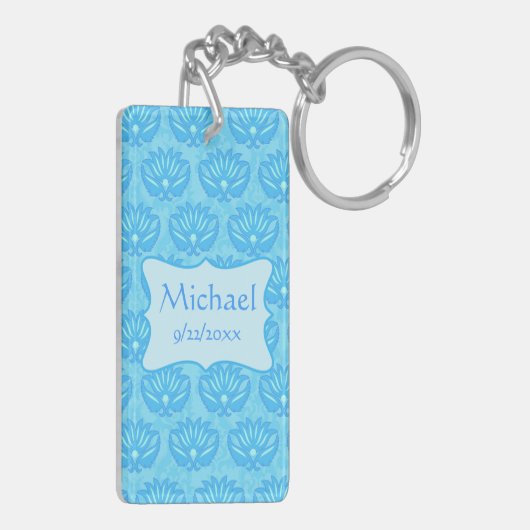 Blue Damask Baby Boy Name Persoonlijk Sleutelhanger (Achterkant Links)