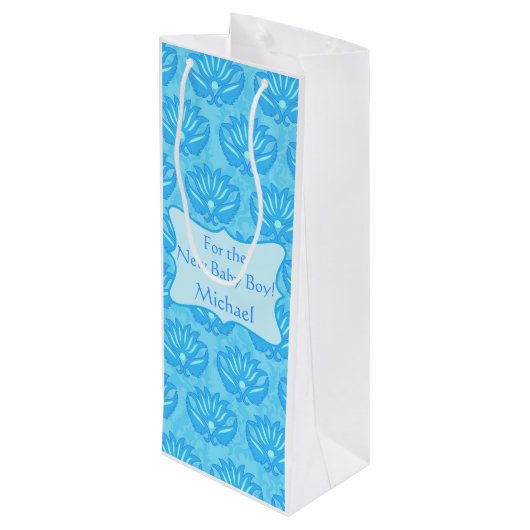 Blue Damask Baby Boy Name Persoonlijk Wijn Cadeautas (Achterkant Gekanteld)
