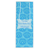 Blue Damask Baby Boy Name Persoonlijk Wijn Cadeautas (Voorkant)