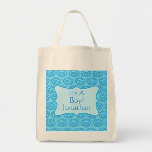 Blue Damask Baby is een jongen geboorteaankondigin Tote Bag (Voorkant)