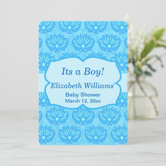 Blue Damask Baby Shower - Aangepaste uitnodiging (Staand voorkant)
