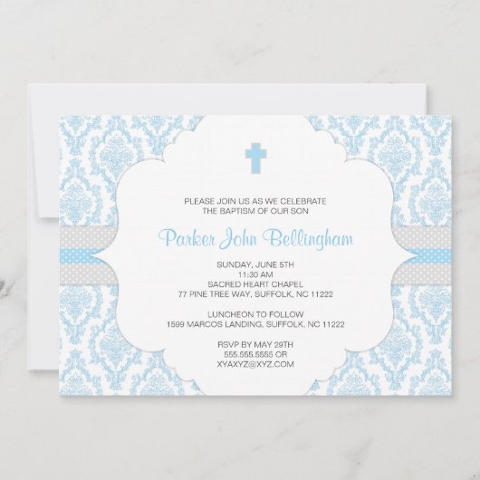 Blue Damask Baptism / Christening nodig voor jonge Kaart (Voorkant)