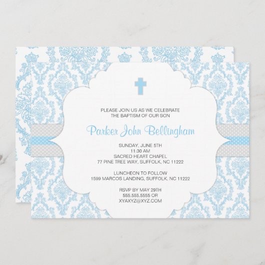 Blue Damask Baptism / Christening nodig voor jonge Kaart (Voorkant / Achterkant)