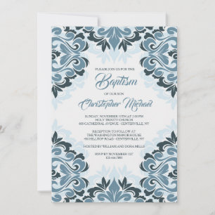 Blue Damask Baptism Invitation Kaart