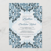 Blue Damask Baptism Invitation Kaart (Voorkant / Achterkant)