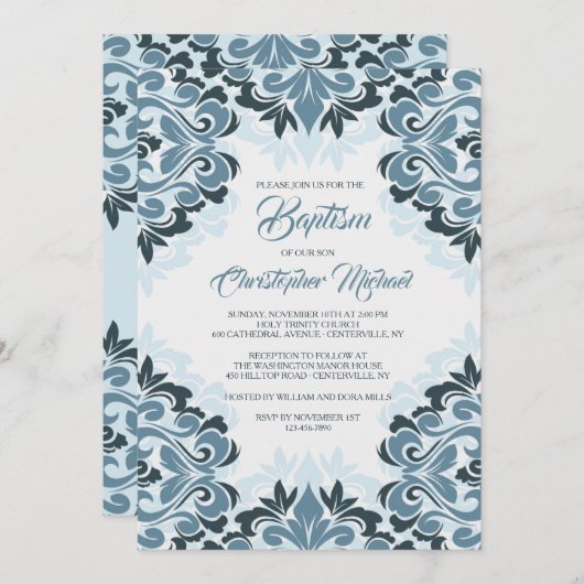 Blue Damask Baptism Invitation Kaart (Voorkant / Achterkant)