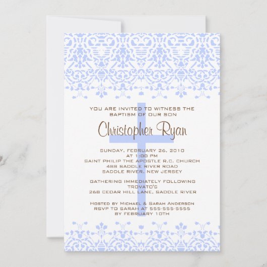 Blue Damask Baptism Invitation Kaart (Voorkant)