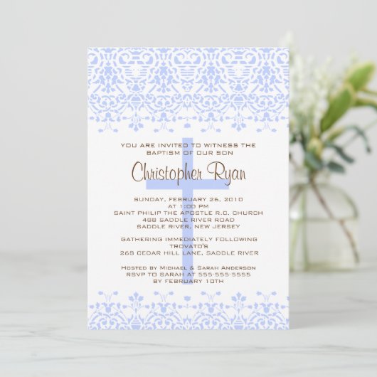 Blue Damask Baptism Invitation Kaart (Staand voorkant)