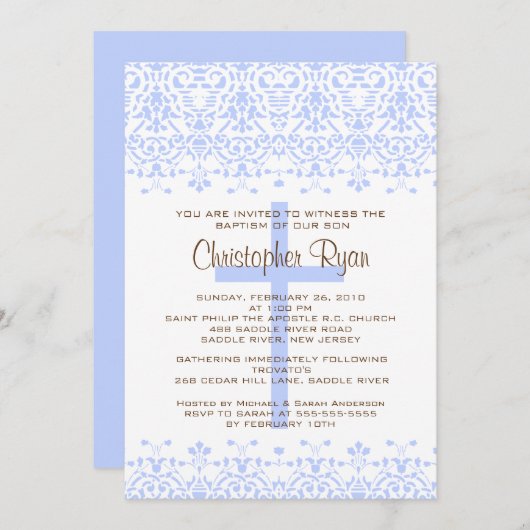 Blue Damask Baptism Invitation Kaart (Voorkant / Achterkant)