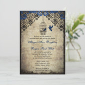 Blue Damask Birdcage Vintage Wedding Invitation Kaart (Staand voorkant)