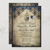 Blue Damask Birdcage Vintage Wedding Invitation Kaart (Voorkant / Achterkant)