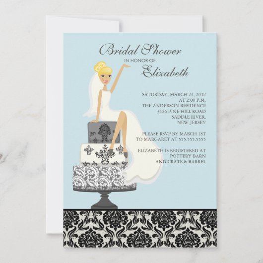 Blue Damask Blonde Bridal Shower Invitation Kaart (Voorkant)