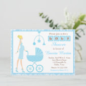 Blue Damask Blonde verwacht Boy Baby shower Kaart (Staand voorkant)