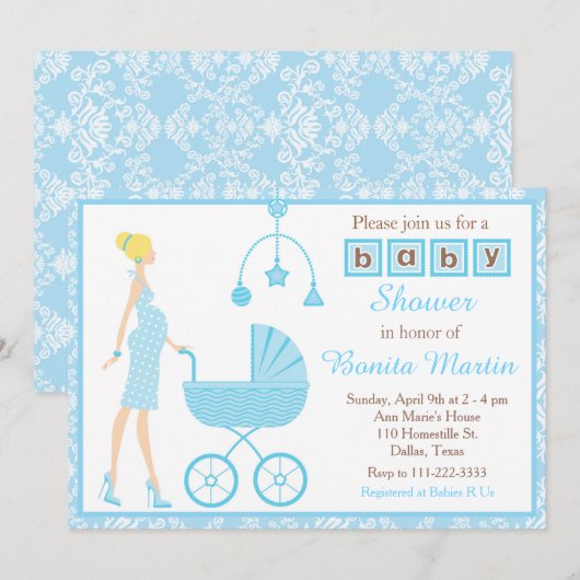 Blue Damask Blonde verwacht Boy Baby shower Kaart (Voorkant / Achterkant)