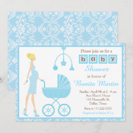 Blue Damask Blonde verwacht Boy Baby shower Kaart