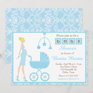 Blue Damask Blonde verwacht Boy Baby shower Kaart