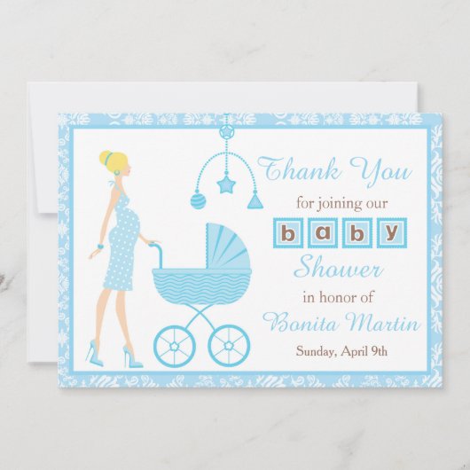 Blue Damask Blonde Woman Baby shower Bedankkaart (Voorkant)