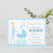 Blue Damask Blonde Woman Baby shower Bedankkaart (Staand voorkant)