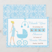 Blue Damask Blonde Woman Baby shower Bedankkaart (Voorkant / Achterkant)