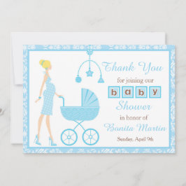Blue Damask Blonde Woman Baby shower Bedankkaart