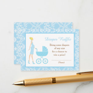 Blue Damask Blonde Woman Baby shower Informatiekaartje
