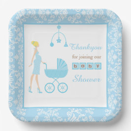 Blue Damask Blonde Woman Baby shower Papieren Bordje