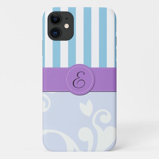 Blue Damask, Blue Stripes, Striped, Monogram Case-Mate iPhone Case (Achterkant)