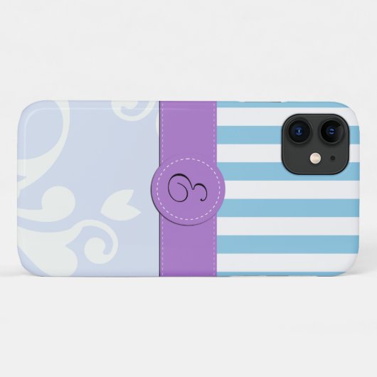 Blue Damask, Blue Stripes, Striped, Monogram Case-Mate iPhone Case (Achterkant (horizontaal))