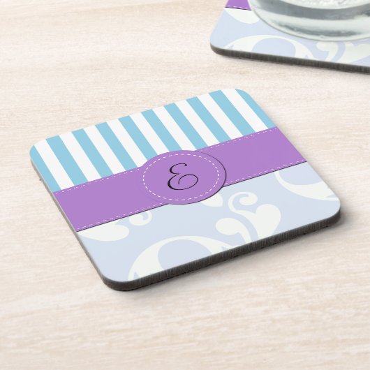 Blue Damask, Blue Stripes, Striped, Monogram Drankjes Onderzetter (Linkerzijde)
