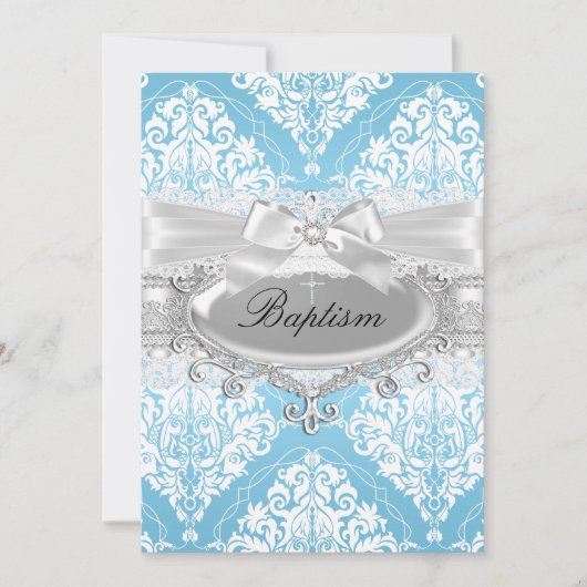Blue Damask Bow Baptism Invitation Kaart (Voorkant)