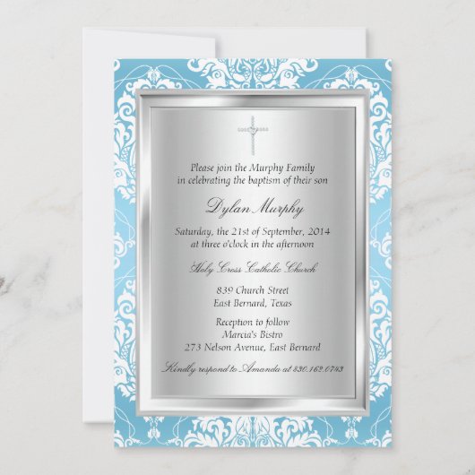Blue Damask Bow Baptism Invitation Kaart (Achterkant)