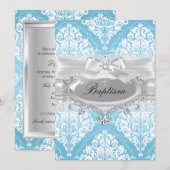 Blue Damask Bow Baptism Invitation Kaart (Voorkant / Achterkant)