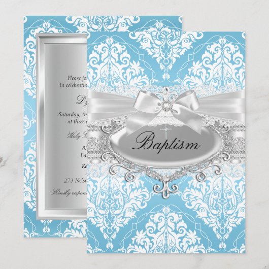Blue Damask Bow Baptism Invitation Kaart (Voorkant / Achterkant)