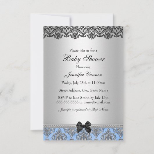 Blue Damask & Bow Boy Baby shower Invitation Kaart (Achterkant)
