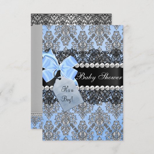 Blue Damask & Bow Boy Baby shower Invitation Kaart (Voorkant / Achterkant)
