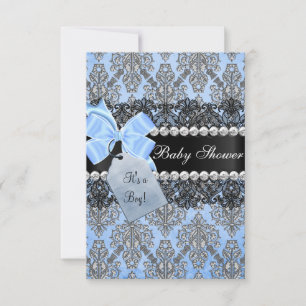 Blue Damask & Bow Boy Baby shower Invitation Kaart