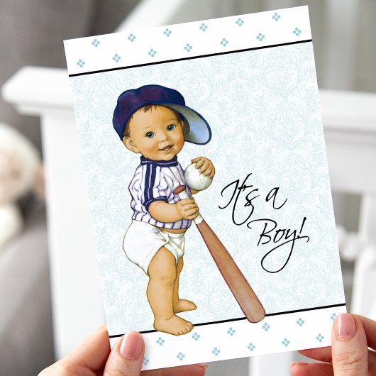 Blue Damask Boy Baby shower Kaart