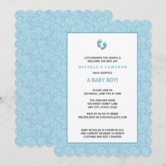 Blue Damask Boy Baby shower nodigt poten uit Kaart (Voorkant / Achterkant)