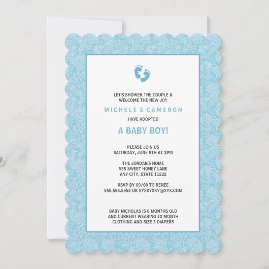 Blue Damask Boy Baby shower nodigt poten uit Kaart (Voorkant)