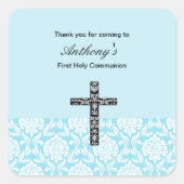Blue Damask Boys Communie sticker (Voorkant)