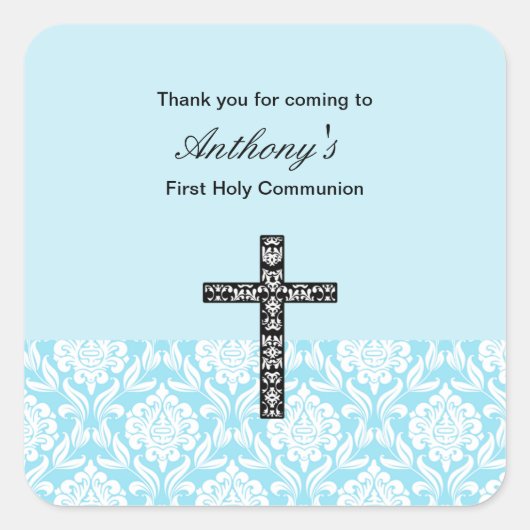 Blue Damask Boys Communie sticker (Voorkant)