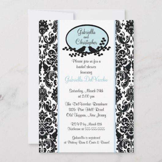 Blue Damask Bridal Shower Invitation Kaart (Voorkant)