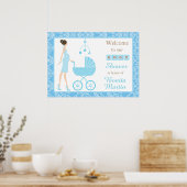 Blue Damask Brunette Boy Baby shower Poster (Keuken)