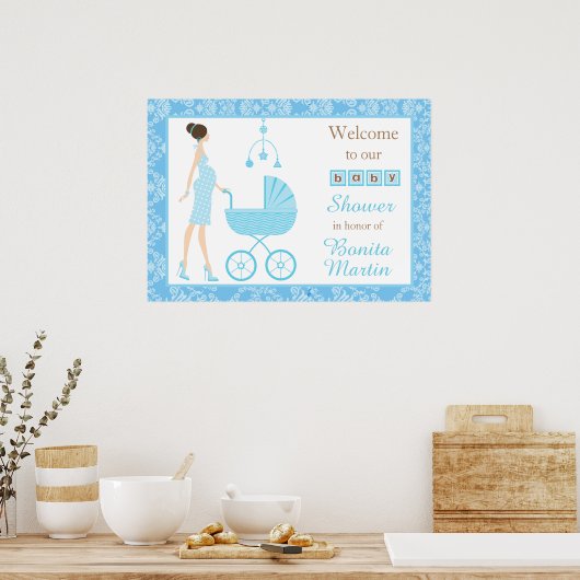 Blue Damask Brunette Boy Baby shower Poster (Keuken)