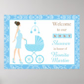 Blue Damask Brunette Boy Baby shower Poster (Voorkant)