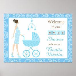 Blue Damask Brunette Boy Baby shower Poster