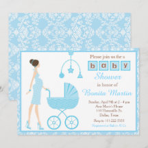 Blue Damask Brunette Verwacht Jongen Baby shower