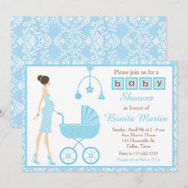 Blue Damask Brunette Verwacht Jongen Baby shower Kaart