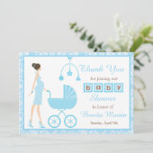 Blue Damask Brunette Woman Baby shower Bedankkaart (Staand voorkant)